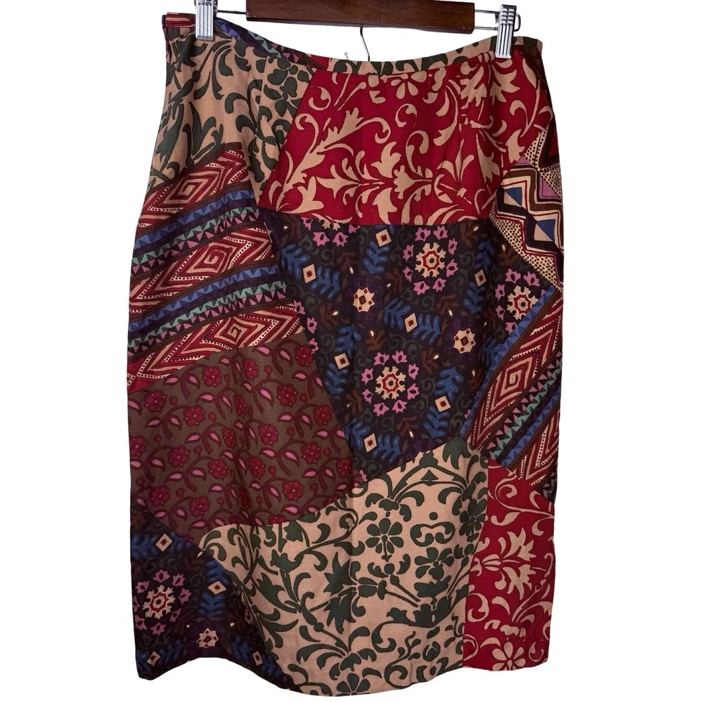 Harold's 100% Silk Patchwork Print Pencil Skirt Red‎ Geometric Midi Size 10
